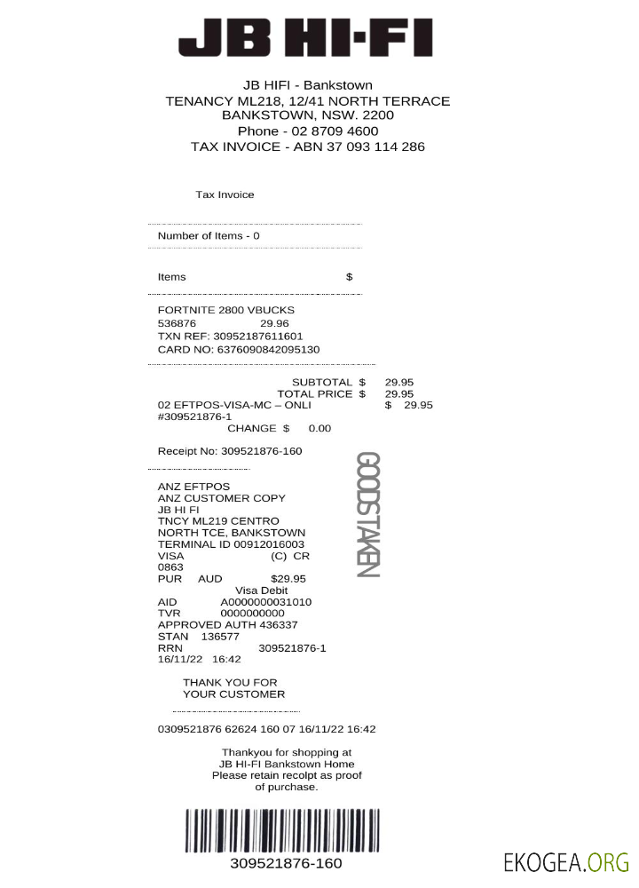 Australie JB Hi, Fi facture fiscale